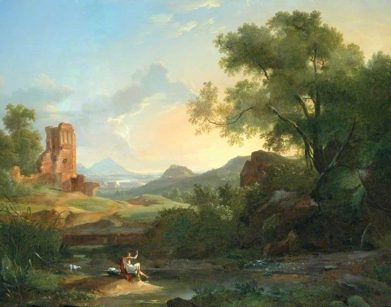 Paesaggio con un uomo spaventato da un serpente tra le rovine - Bowes Museum